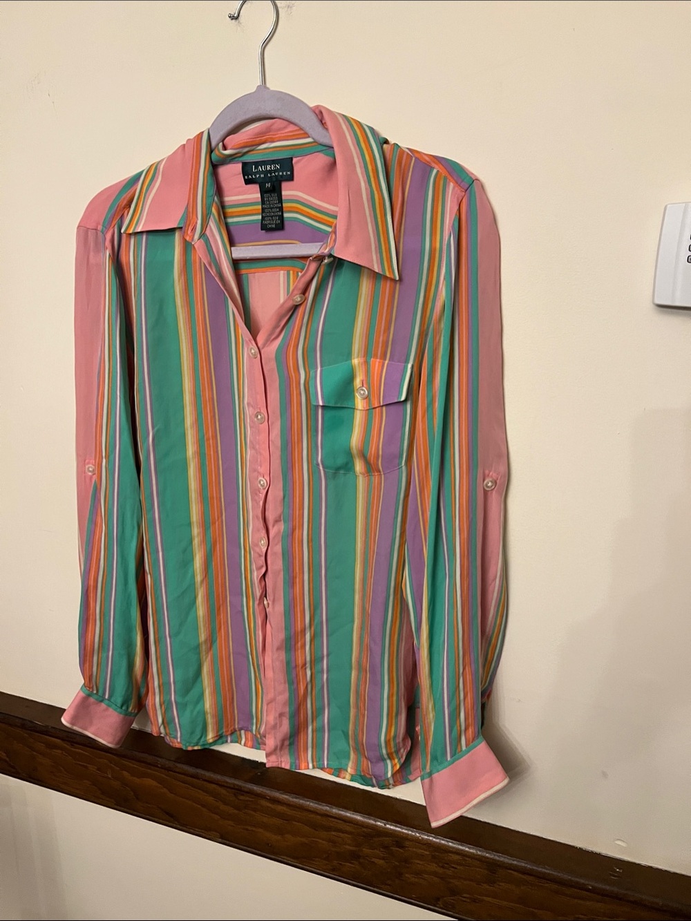 Lauren Ralph Lauren Pink & Green Multicolor Striped Button-Down Silk Shirt 14